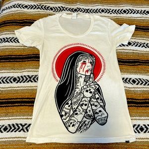 Women’s White Short Sleeve Graphic Tee with Red & Black Illustration